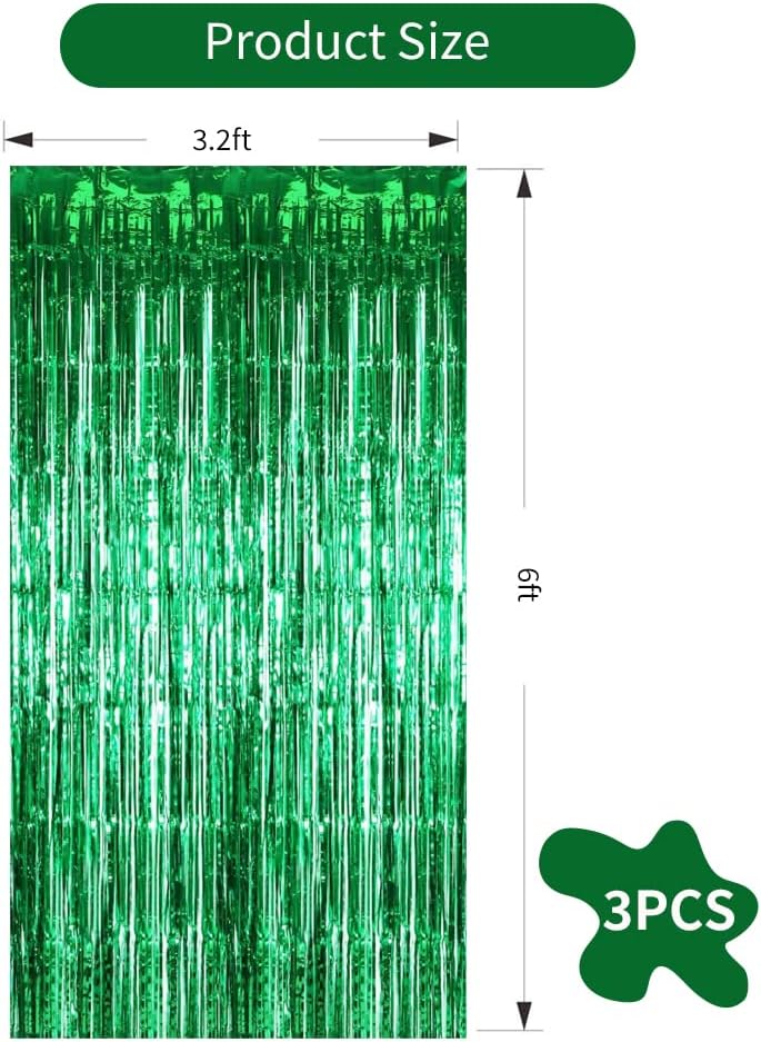 TONIFUL 3Pcs Green Door Streamers,Green Photo Booth Backdrop,Metallic Streamers Green Foil Fringe