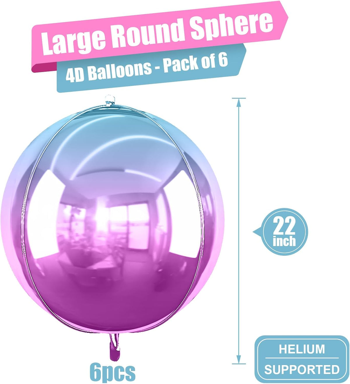 6Pcs Gradient Purple Round Foil Balloons, 22" Large Helium Ball Mylar Balloon, Metallic Purple Foil