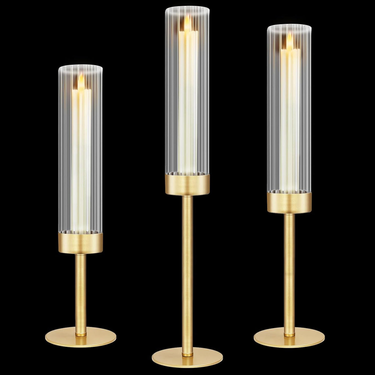 Glass Hurricane Candlestick Holders Gold, KSWING Set of 3 Taper Candle Holders Brass Tall Clear