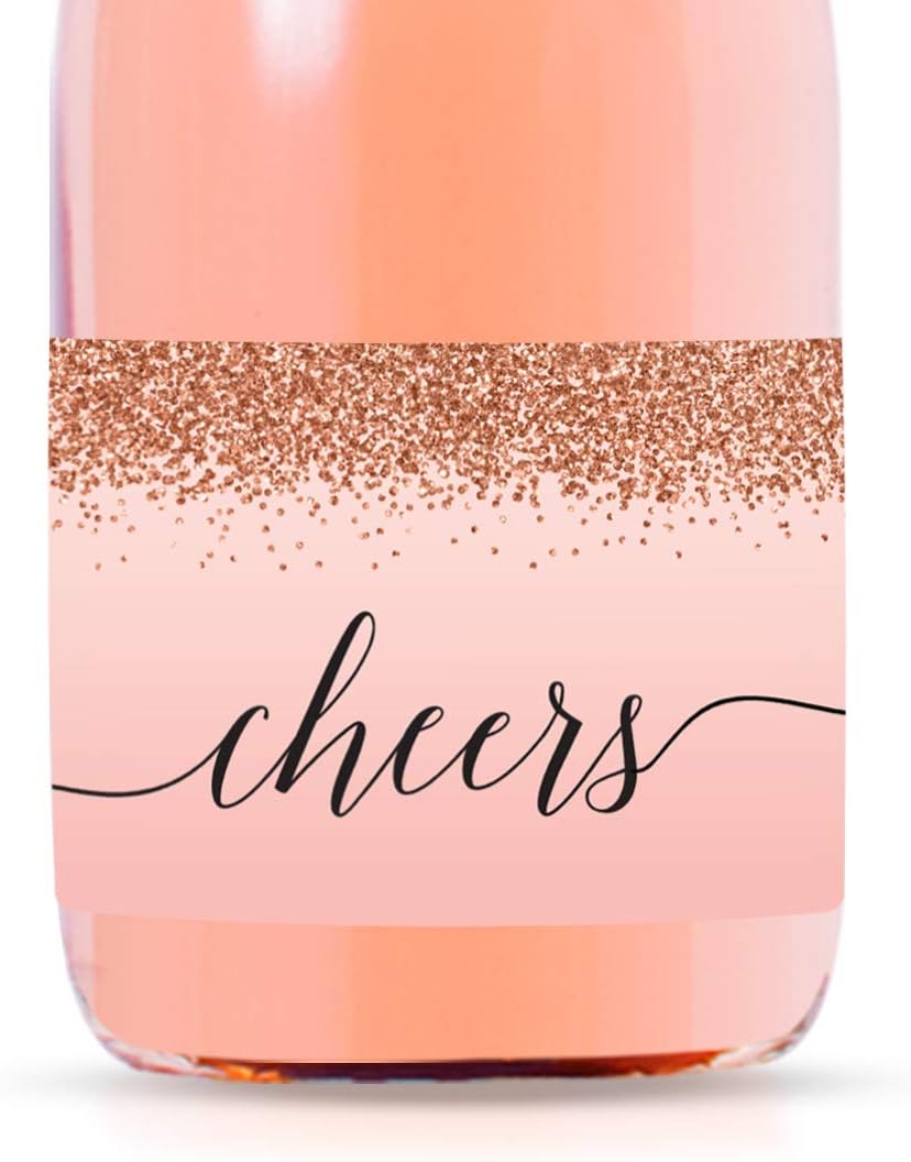Andaz Press Mini Champagne Wine Bottle Labels, Cheers!, Blush Pink Faux Rose Gold Glitter Elegant