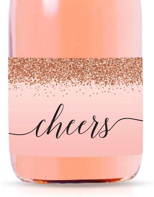 Andaz Press Mini Champagne Wine Bottle Labels, Cheers!, Blush Pink Faux Rose Gold Glitter Elegant