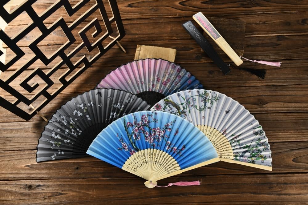HUNANBANG 4 Pieces Oriental Bamboo Folding Hand Fans Church Wedding Gift, Party Favors, DIY