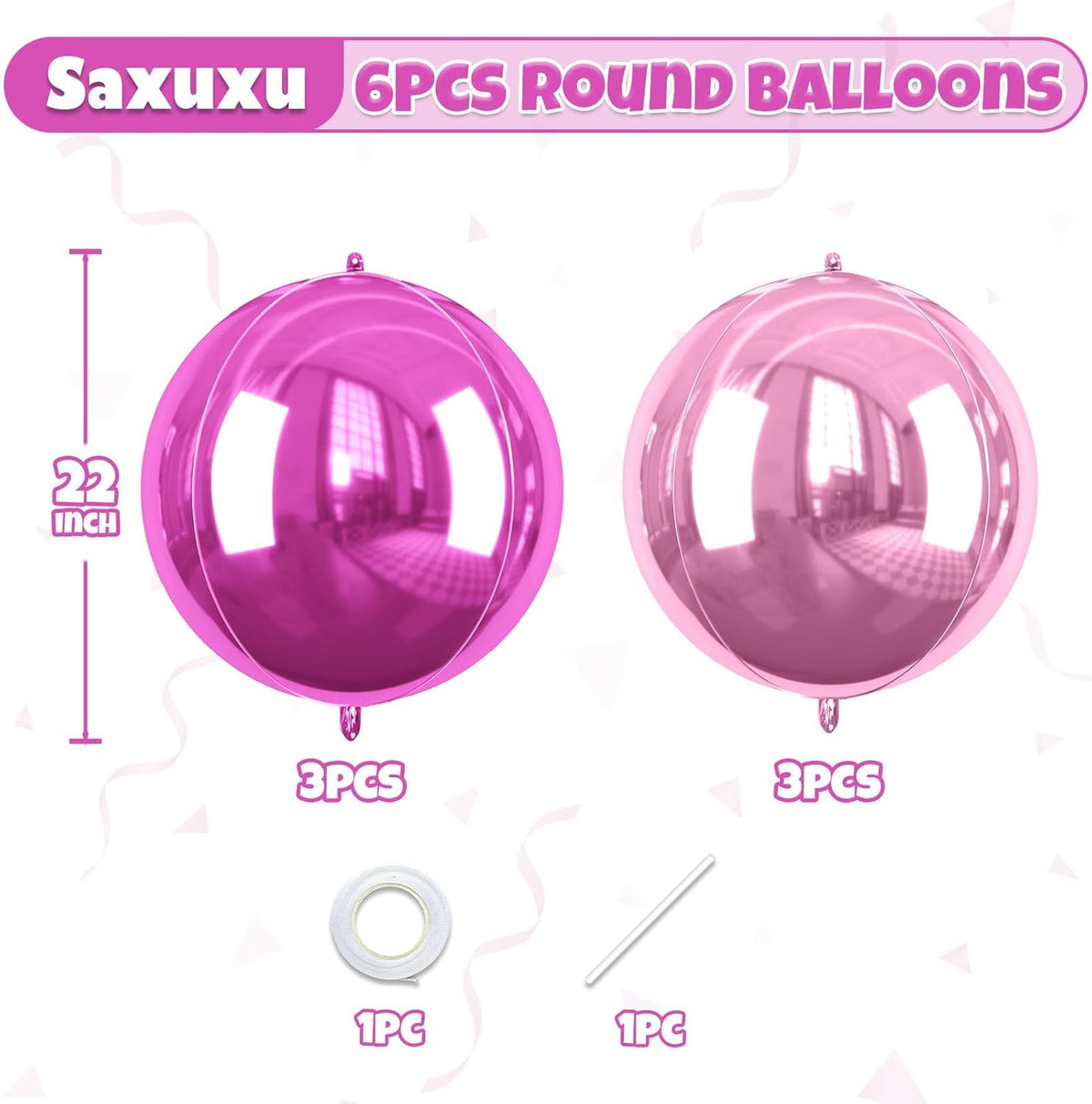 6 Pcs Hot Pink and Pink Balloons, 22 Inch Big Round Foil Balloon for Graduations Birthday Party