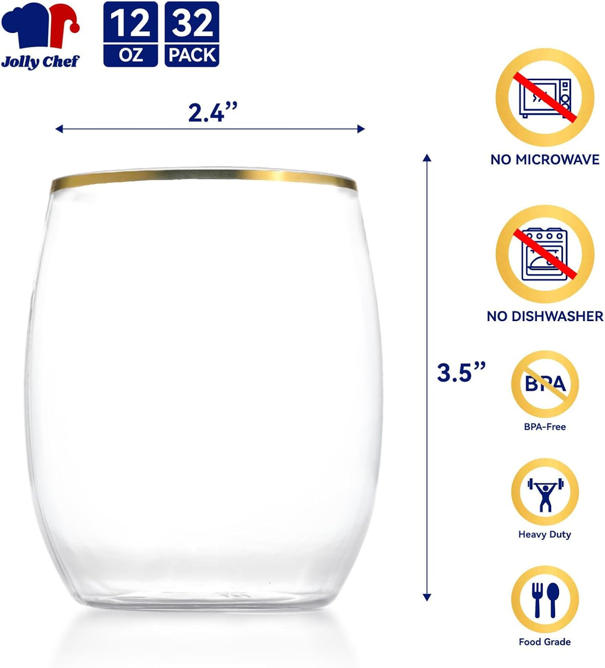 JOLLY CHEF 32 Pack 12oz Gold Plastic Wine Glasses Stemless, Disposable Wine Cupsty, Disposable