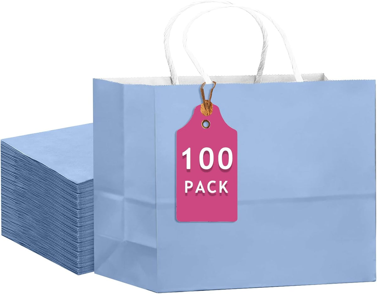 qiqee 100PCS Large Gift Bag with Handles Bulk 13"x4.5"x10" Gift Bags Light Blue Multiple Uses