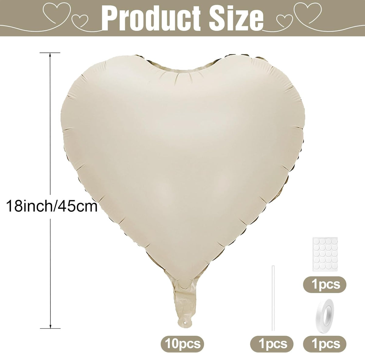 White Heart Balloons,10Pcs Cream White Foil Heart Shaped Balloons,18Inch Beige Helium Polyester