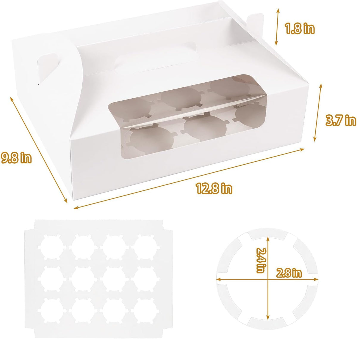 White Cupcake Boxes 12 Count, 30 Pcs Cupcake Containers with Handle, Window, and Inserts – Holds