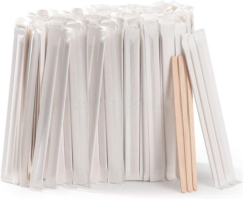 1000pcs Individually Wrapped Coffee Stirrers Wood - 5.5" Coffee Stir Sticks, Round End Disposable