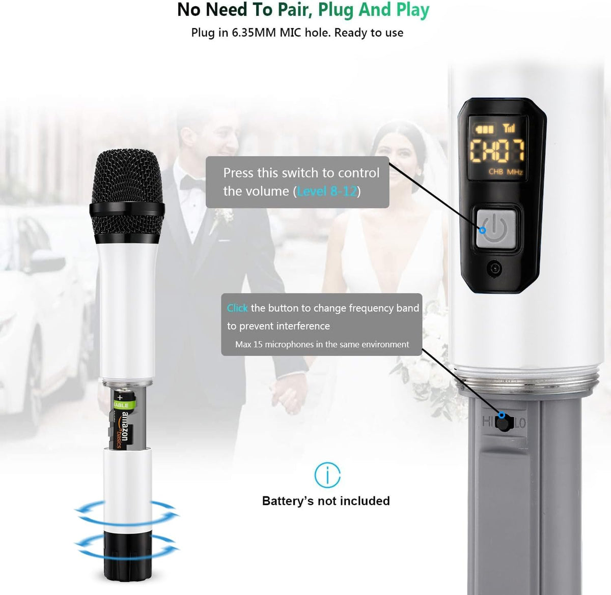 Wireless Microphone, Bietrun UHF Metal Dual Handheld Cordless Dynamic Mic System with Rechargeable