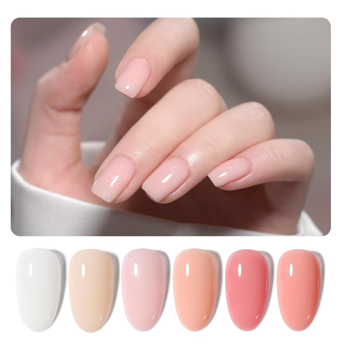 GAOY 6 Colors Rubber Base Gel Set, Jelly Builder Base Nail Gel Sheer Nude White Pink, 2-in-1 Soak