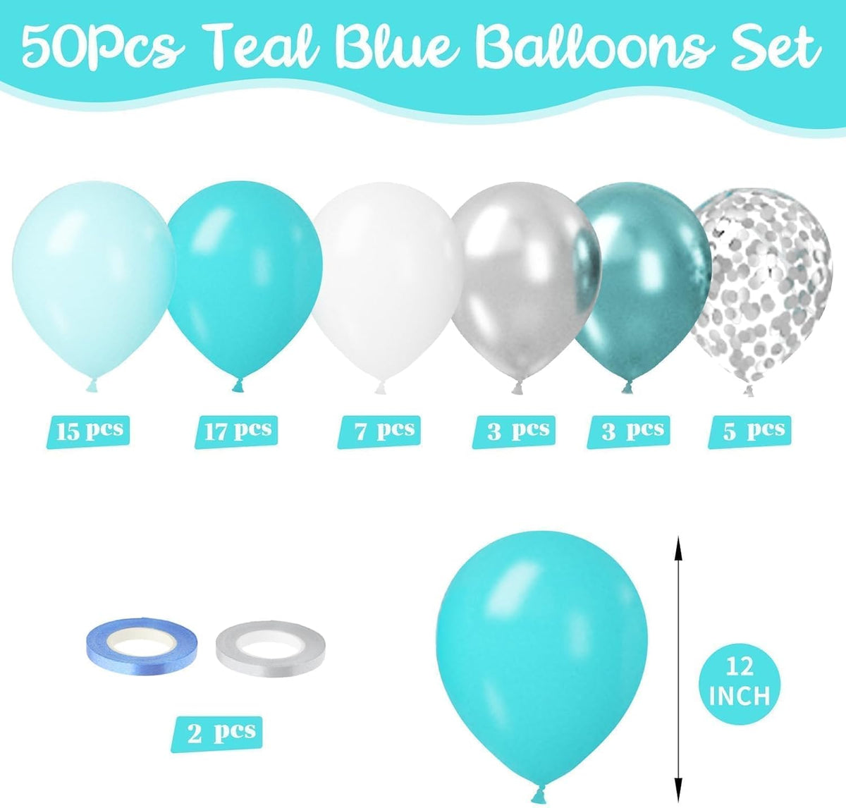 Paready Teal Blue Balloons Set, 50pcs 12 Inch Turquoise Metallic Green Confetti Silver White