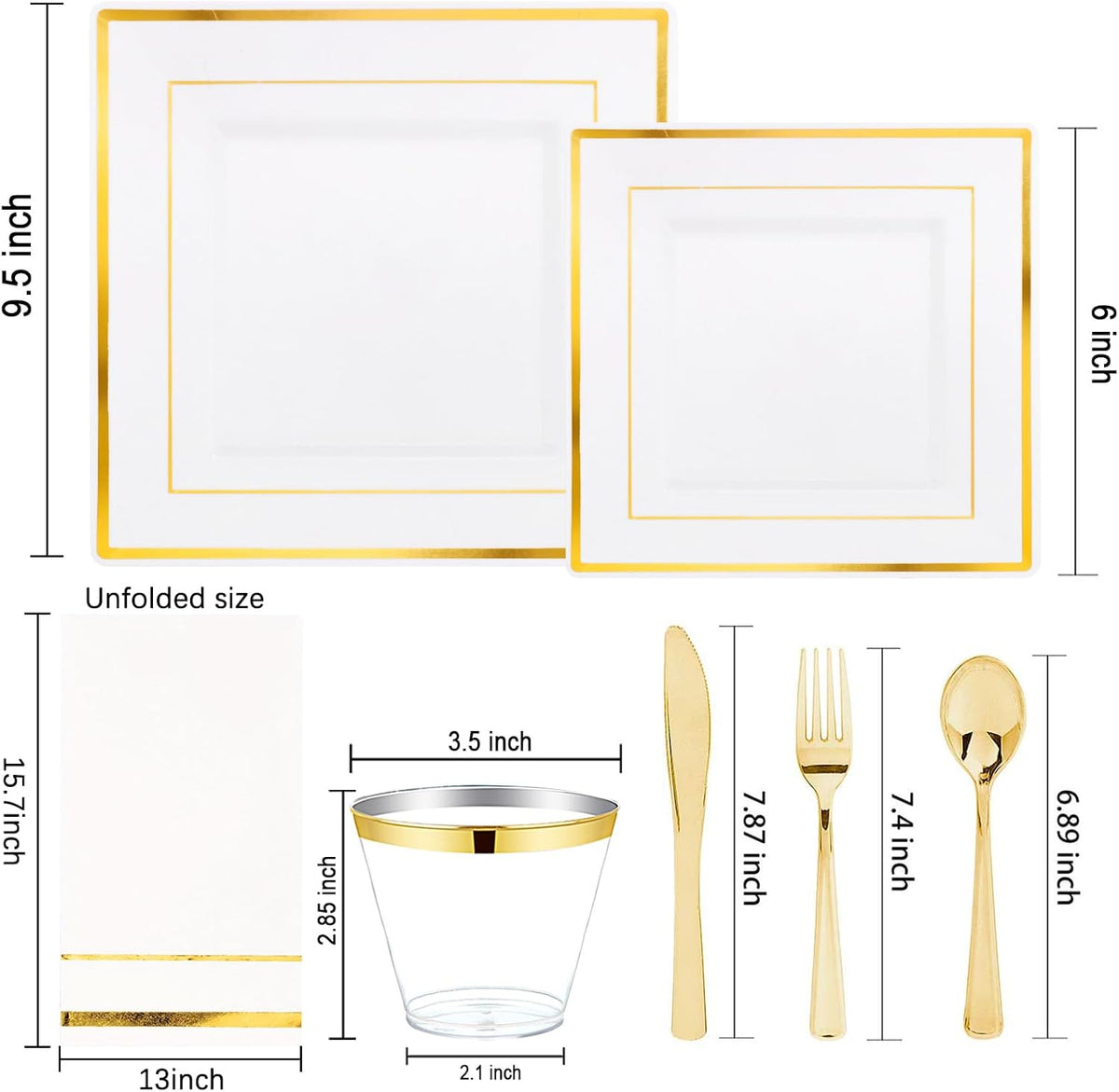 Festiva 350Pcs Gold Plastic Plates - Disposable Square Gold Plates Dinnerware set include 9.5"/6"