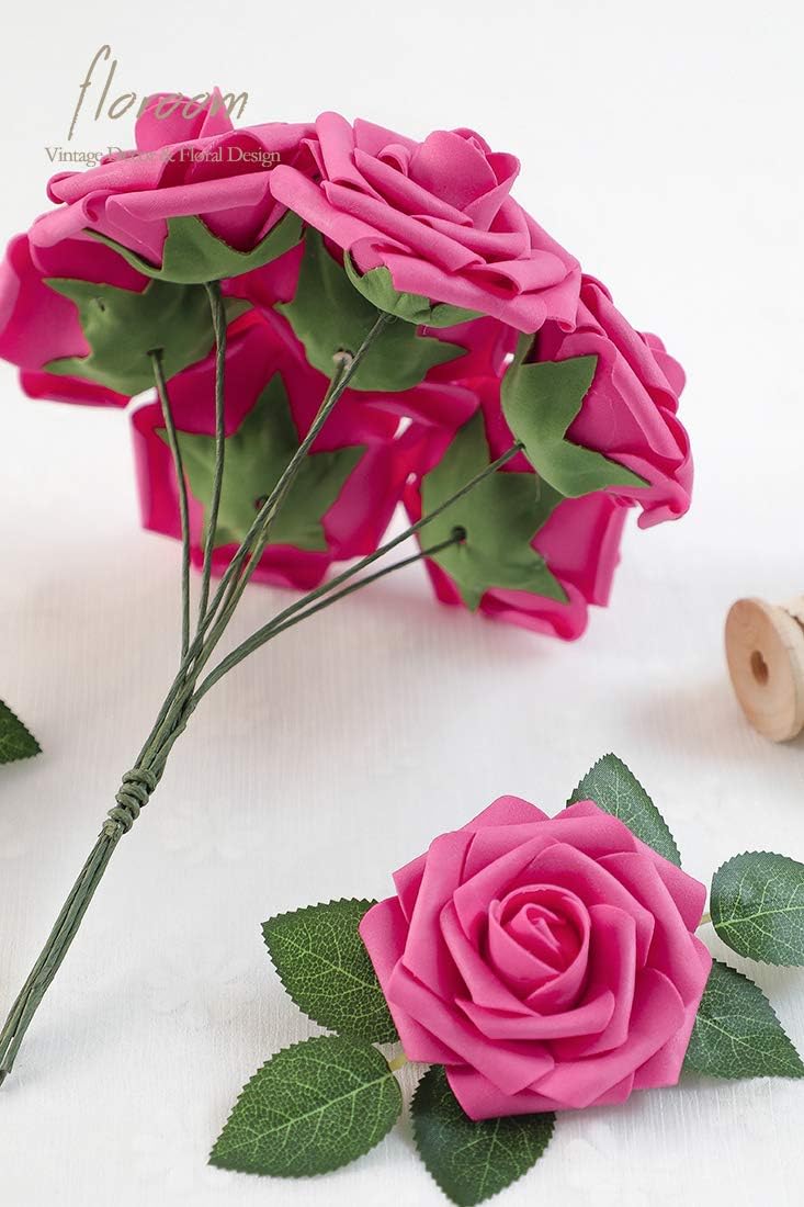 Floroom Artificial Flowers 50pcs Real Looking Hot Pink Foam Fake Roses with Stems for DIY Wedding