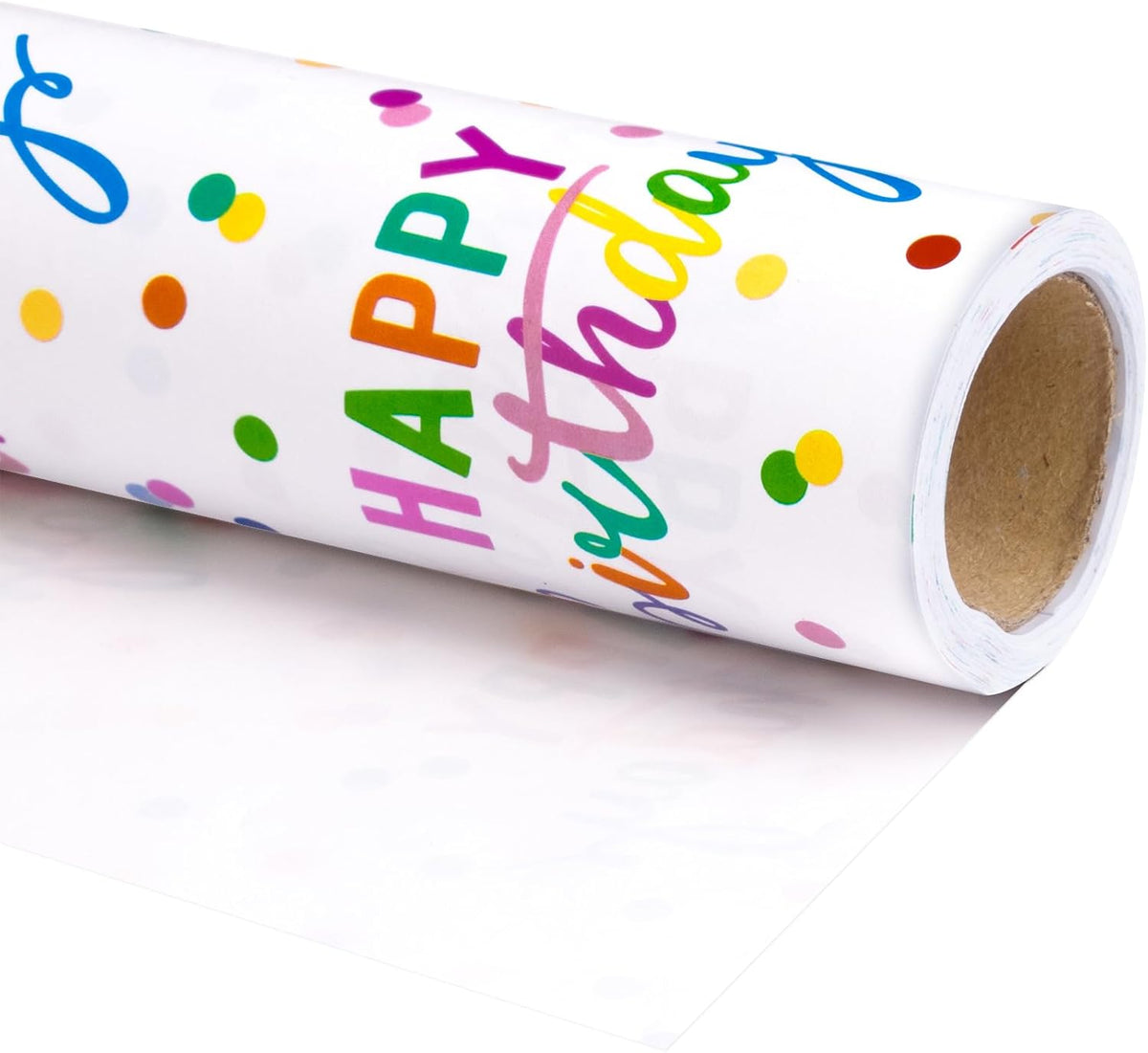 LeZakaa Birthday Wrapping Paper Roll, Happy Birthday Lettering & Colored Polka Dots Design in White