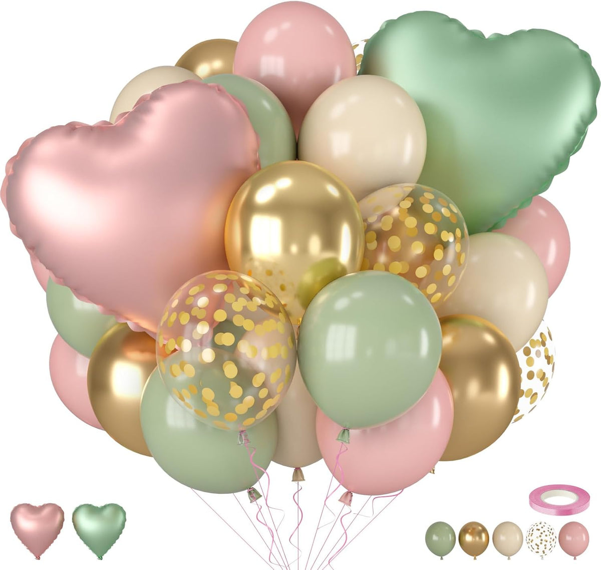 Pink and Green Balloons, 12 Inch Retro Sage Green Pink Nude Metallic Gold Confetti Balloons with