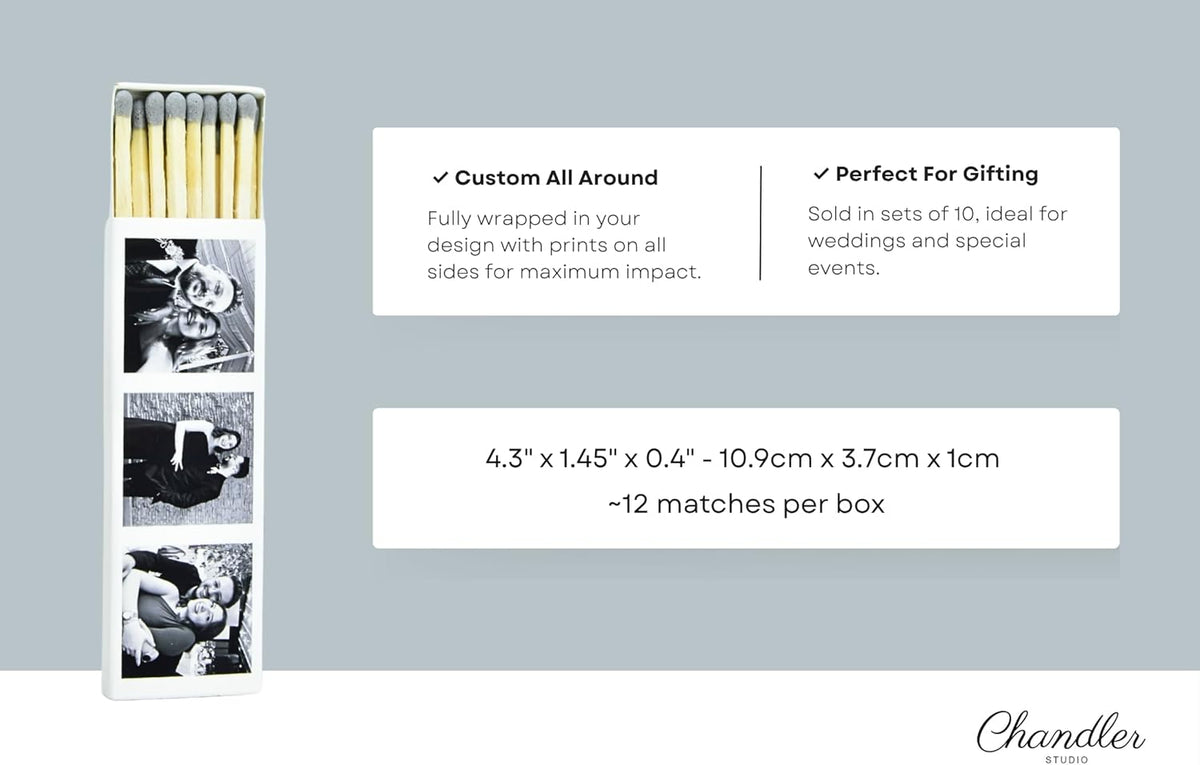 10 Boxes - Customized Matchboxes Colorful Tips (Wedding Design #5, 4" Matchboxes) (4" Matchsticks