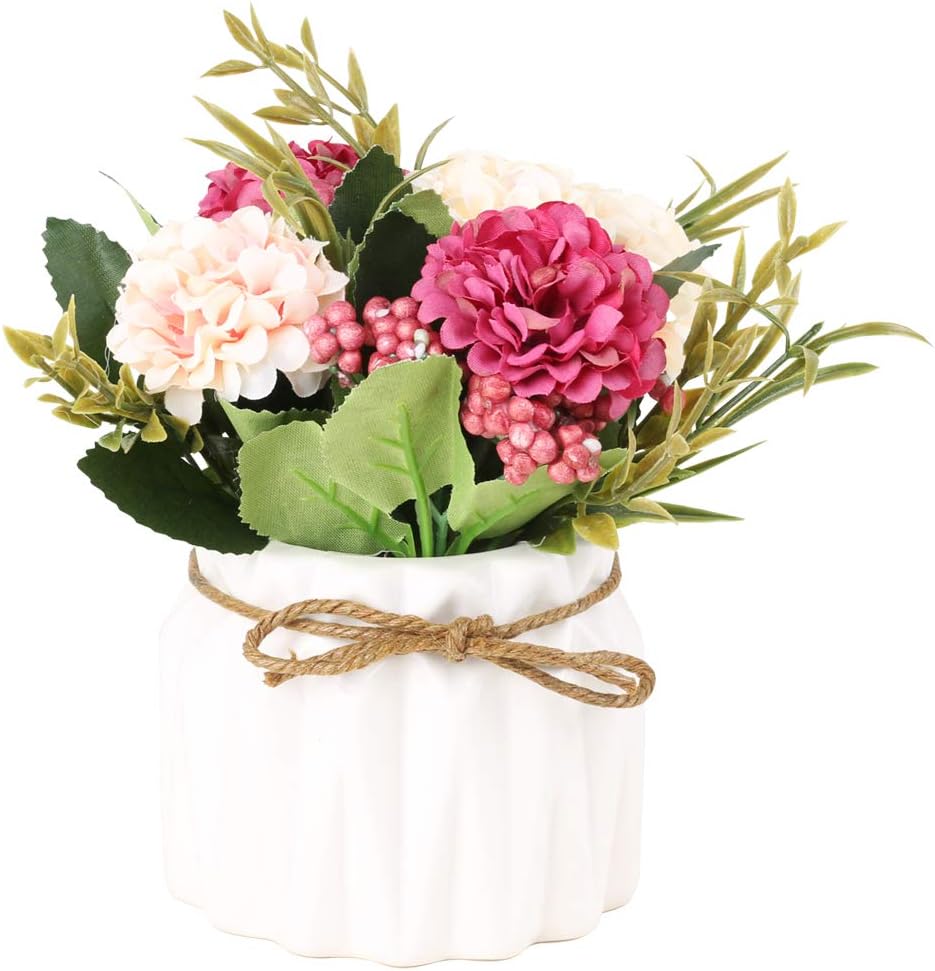 Artificial Hydrangea Bouquet with Small Ceramic Vase Fake Silk Variety Flower Balls Flowers