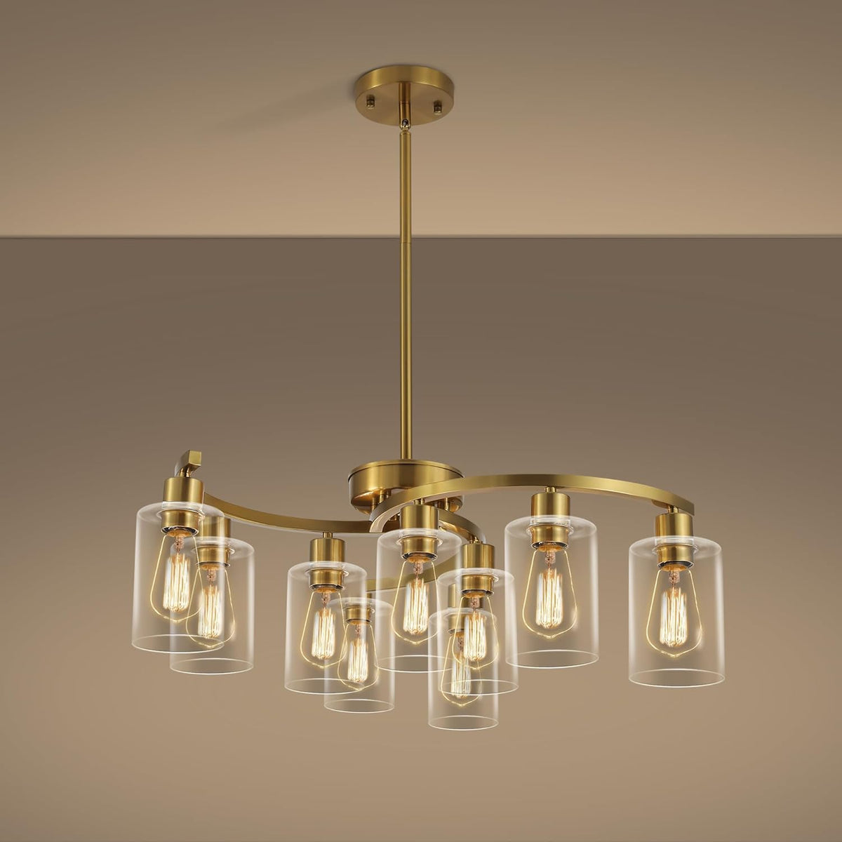 9-Light Gold Glass Chandelier, Adjustable Height Dining Room Light Fixtures Over Table
