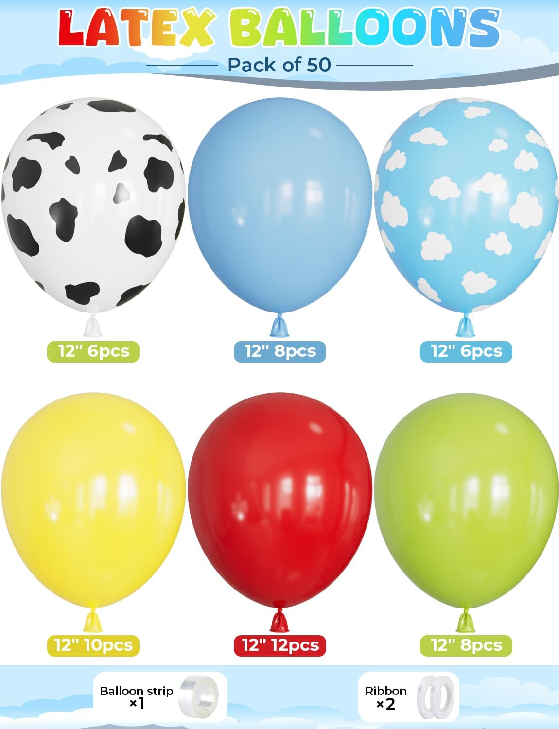 Red Yellow Blue Balloons 12 Inch Red Yellow and Blue Balloons with Sky Blue, Lime Green, Cloud Cow