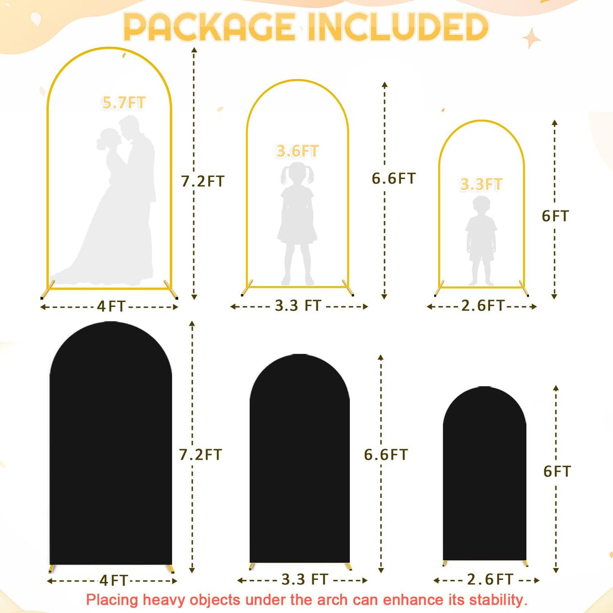 FUHSY Metal Arch Backdrop Stand and Cover Set 6FT, 6.6FT, 7.2FT Black Arch Cover Set of 3 Wedding