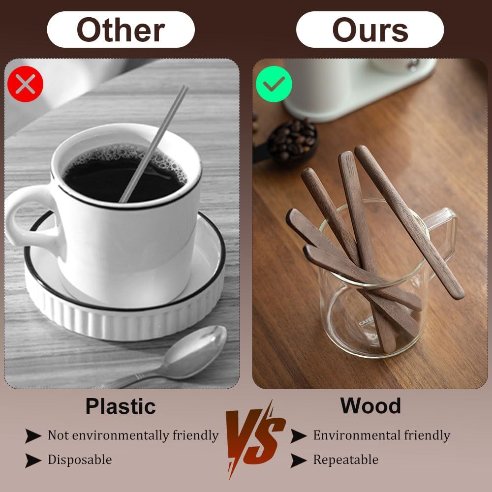 4Pcs Black Walnut Wood Coffee Stirrers 6″ Reusable Wooden Drink Stir Sticks for Coffee, Tea, Milk