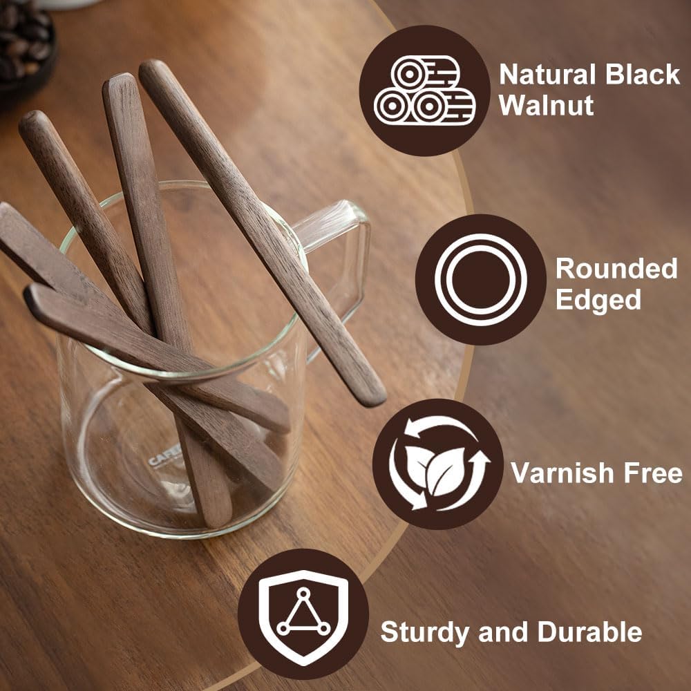 Black Walnut Wood 4Pcs Coffee Stirrers 6″ Reusable & Multifunctional for Coffee, Drinks, Tea, Milk