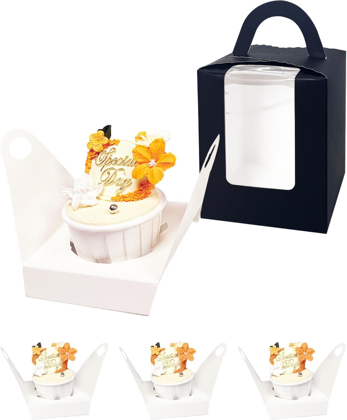 Bakepacker Auto-pop up Individual Cupcake Boxes with Window 25 Count Black Single Cupcakes Box 3.6