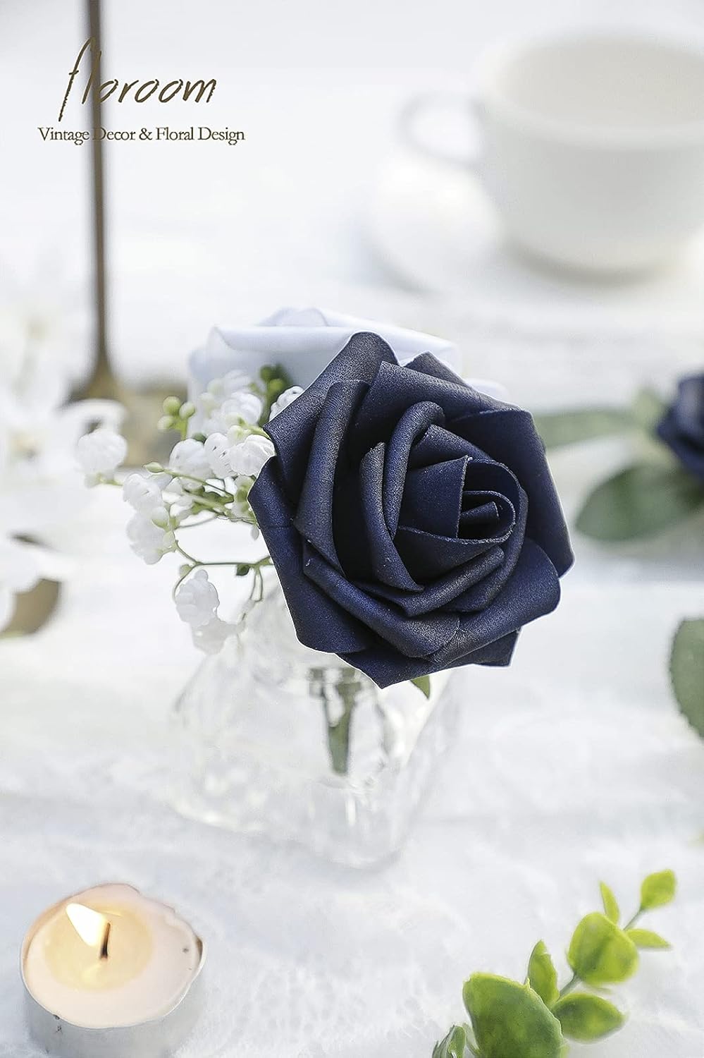 Floroom Artificial Flowers 50pcs Real Looking Navy Blue Foam Fake Roses with Stems for DIY Wedding