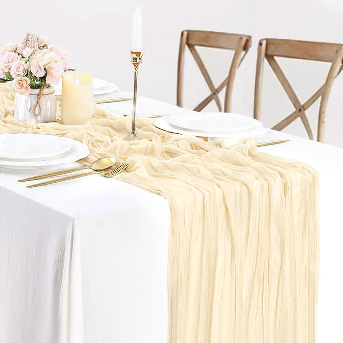 10ft Cream Beige Cheese Cloth Table Runner, 35x120 Inches Ivory Gauze Table Runner Rustic Cream