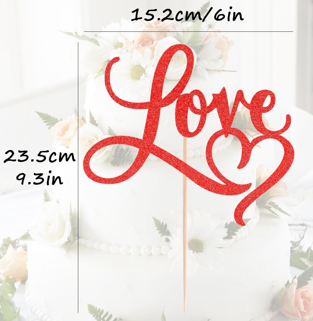 Love Cake Topper - Red Glitter Paper Wedding Cake Decoration Supplies, Perfect for Bridal