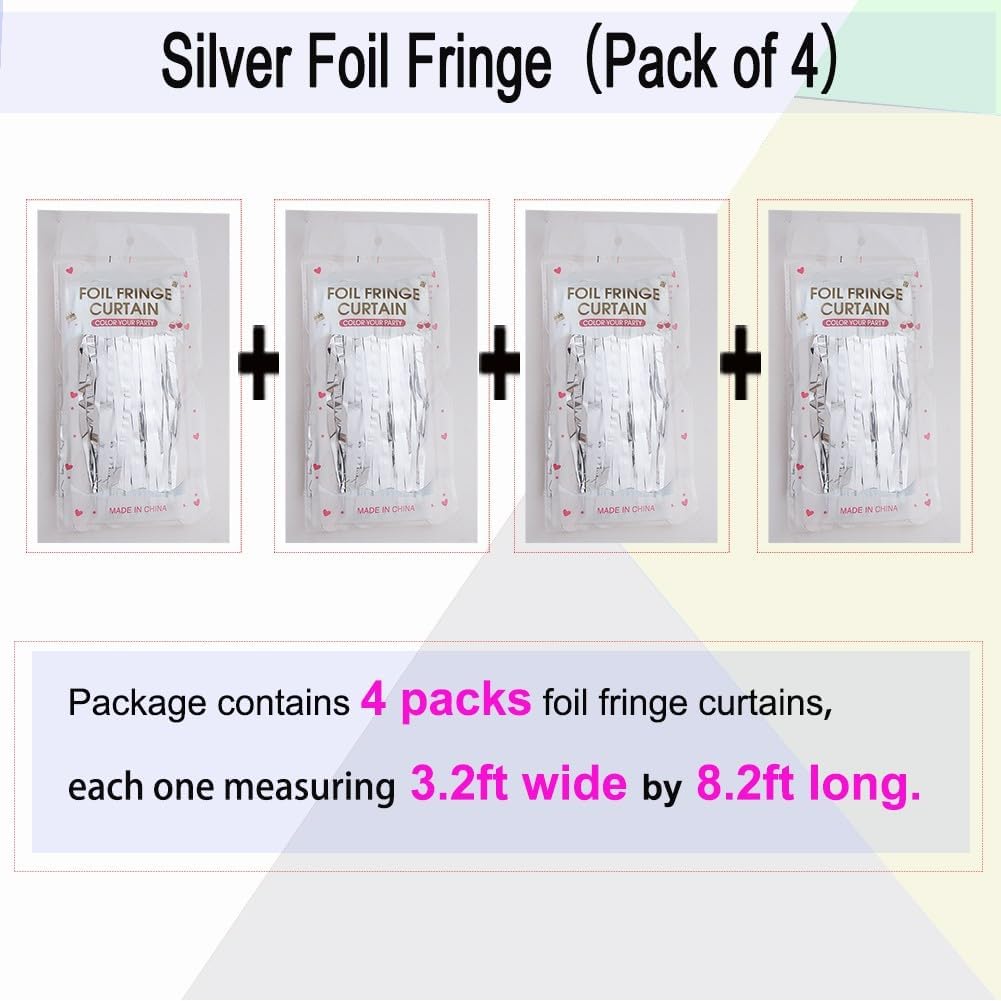 4 Pack Silver Foil Fringe Curtain - Silver Tinsel Streamer Backdrop Curtains for Birthday Party