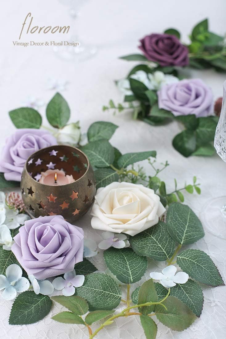 Floroom Artificial Flowers 50pcs Real Looking Lilac Foam Fake Roses with Stems for DIY Wedding
