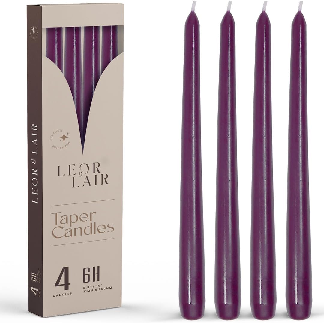 Leor & Lair Purple Taper Candles - 4 Pack 10" Purple Candlesticks - Unscented Long Burning Candle