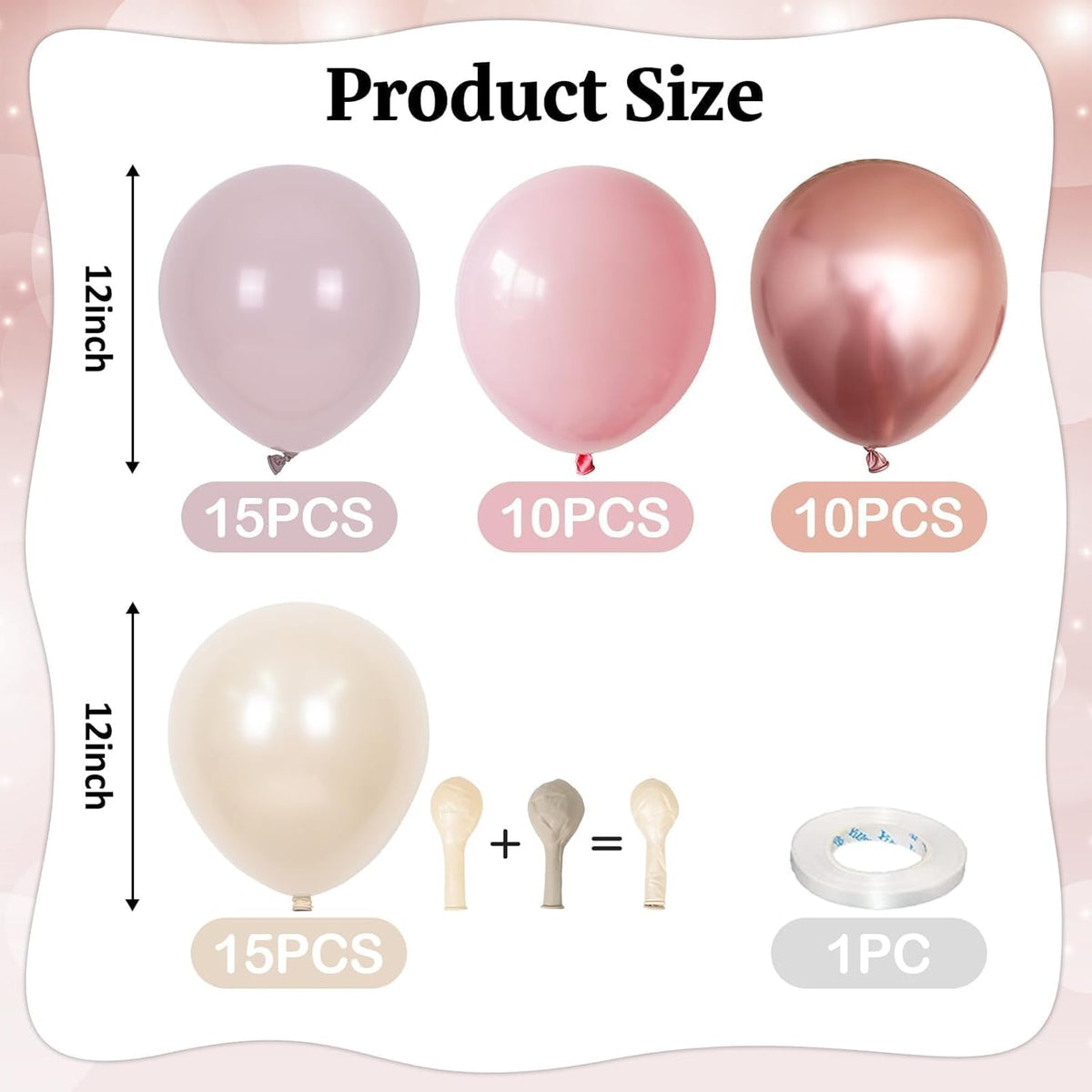 Dusty Pink Balloons, 50pcs Blush Light Pink Double Stuffed Pearl White Metallic Chrome Rose Gold