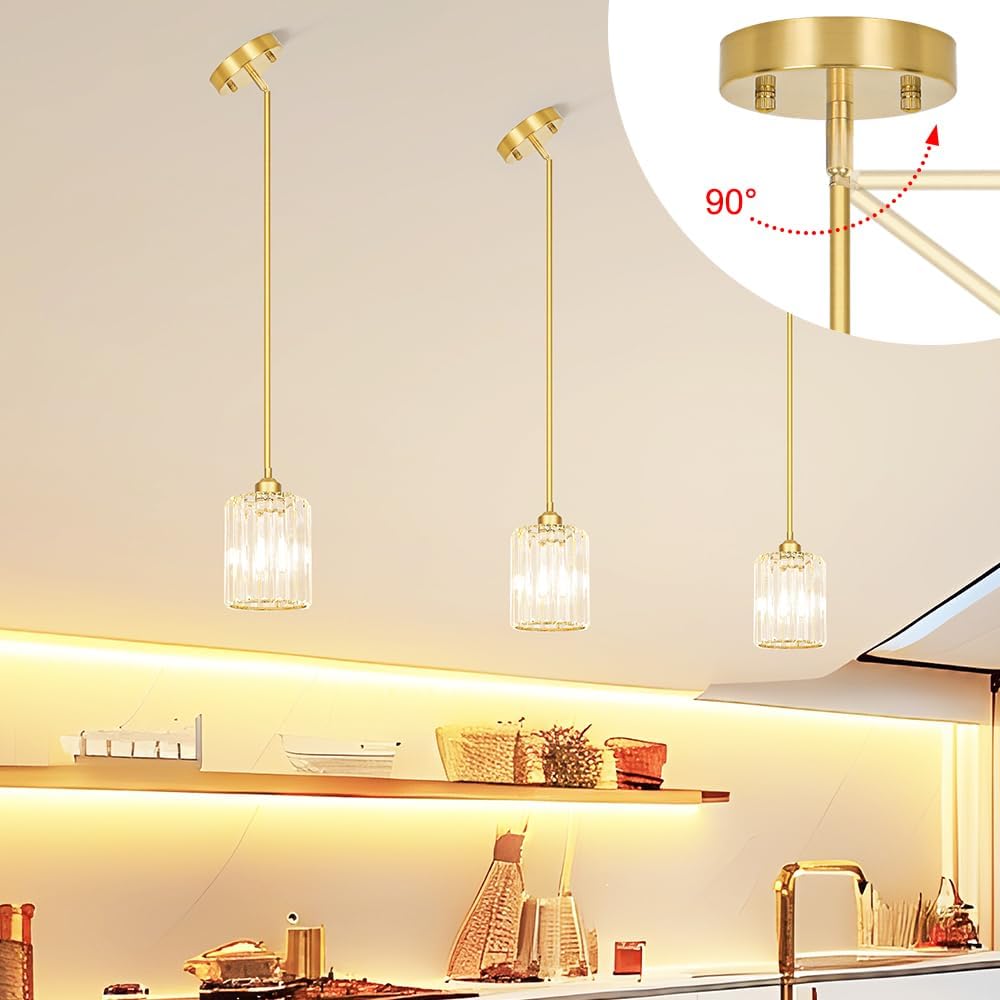Gold Kitchen Pendant Lights Over Island with Adjustable Rods - Crystal Pendant Lighting Fixtures 3