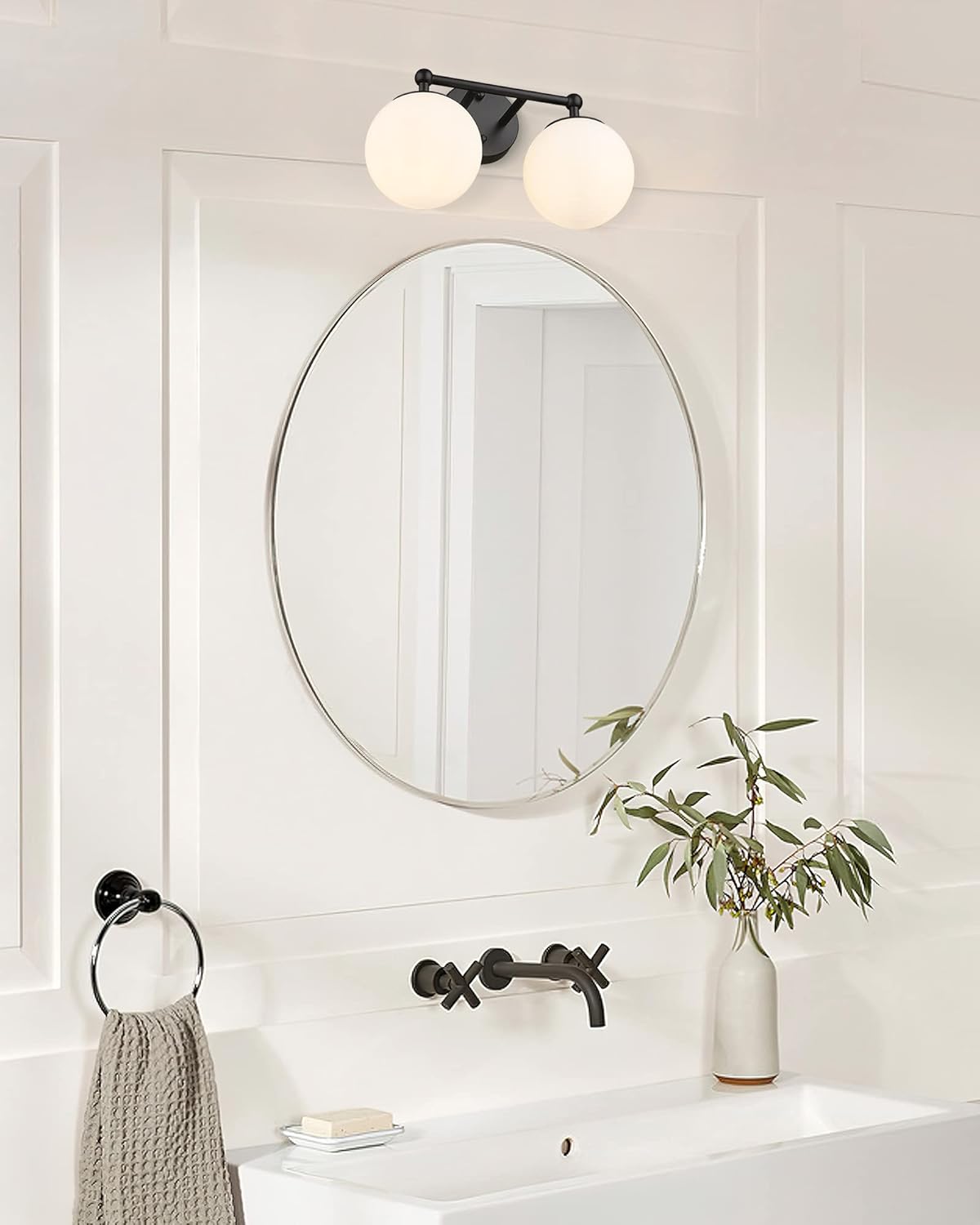 Black Vanity Light, 2 Light Black Modern Bathroom Light Fixtures Over Mirror with White Milk White