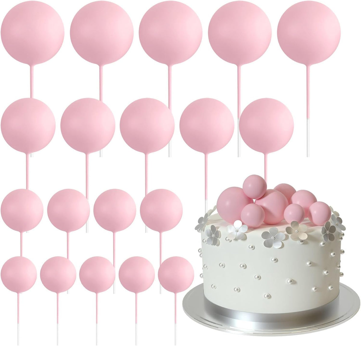 ASTARON 20 Pcs Ball Cake Topper Decorations Mini Balloons Cake Topper Sticks Light Pink Balls Cake