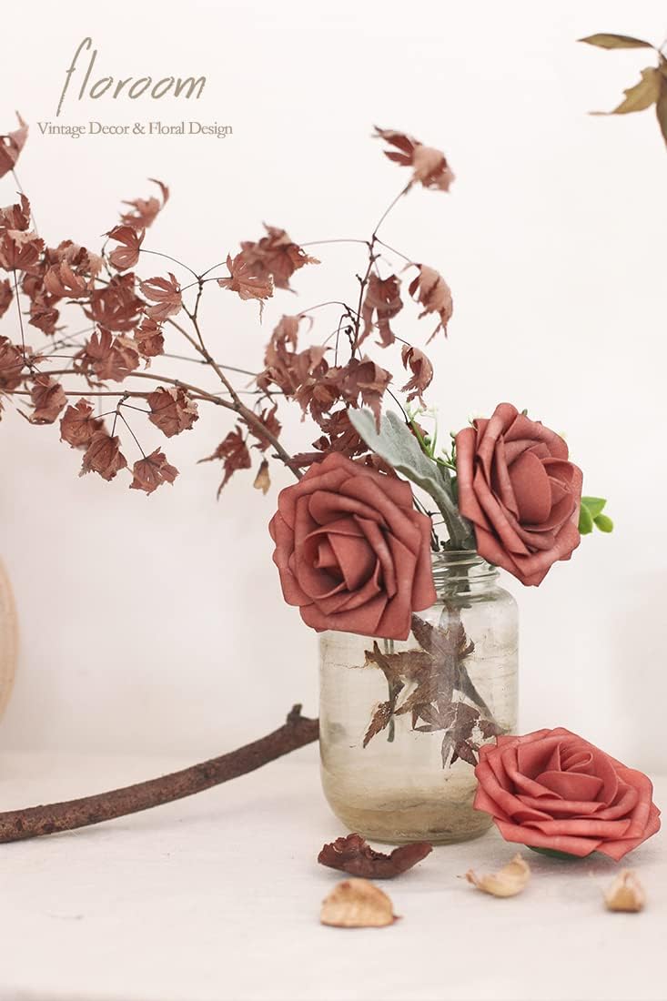 Floroom Artificial Flowers 25pcs Real Looking Dusty Cedar Foam Fake Roses with Stems for DIY