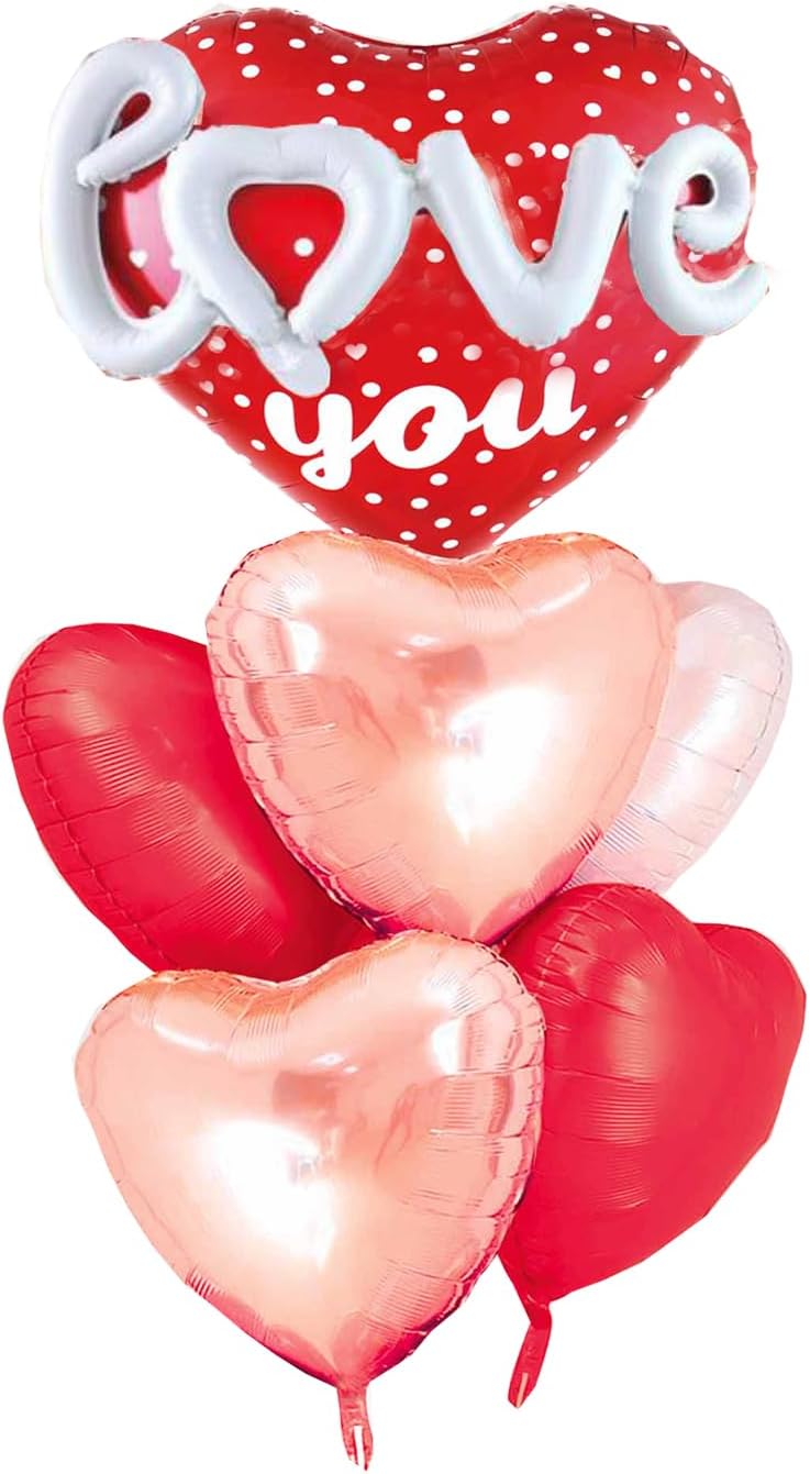 Red Heart Shape Rose Gold Love You Balloons Pack Of 6 Foil Helium Mylar Balloons For Valentines Day