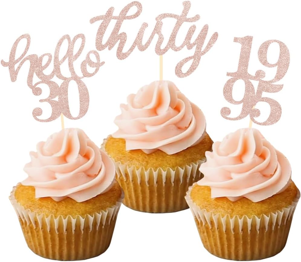 24 Pcs Rose Gold Glitter 30th Birthday Cupcake Toppers for 30th Anniversary Birthday Party Wedding