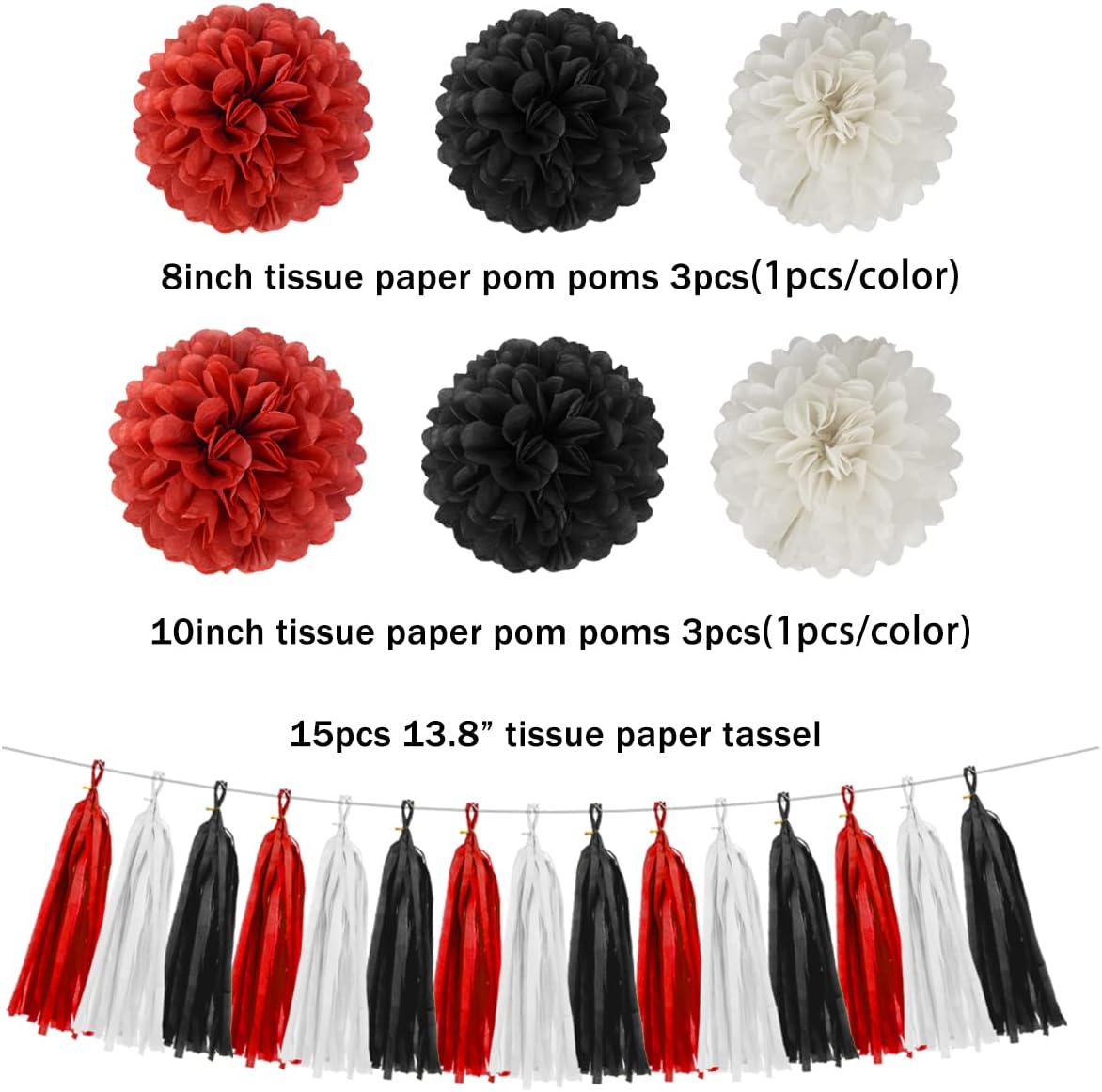 White Red Black Party Decorations - 23pcs Tissue Paper Flowers Pom Poms Tassel Garland Pennant