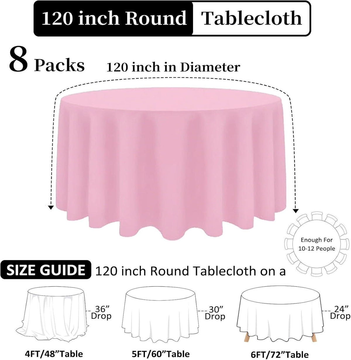 8 Pack Pink Round Tablecloth 120 Inch Stain and Wrinkle Resistant Round Pink Table Cloth Reusable