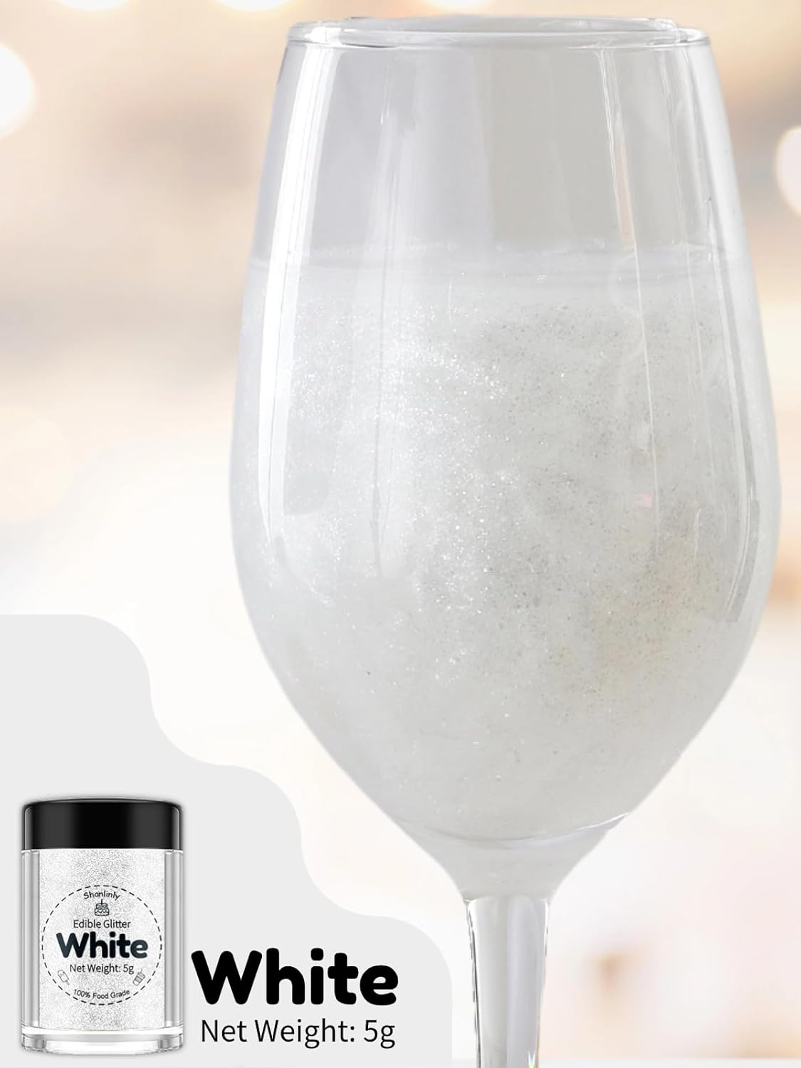 Shanlinly White Edible Glitter for Cakes Drinks - Food Grade 5g Shimmer Luster Glitter Dust Edible