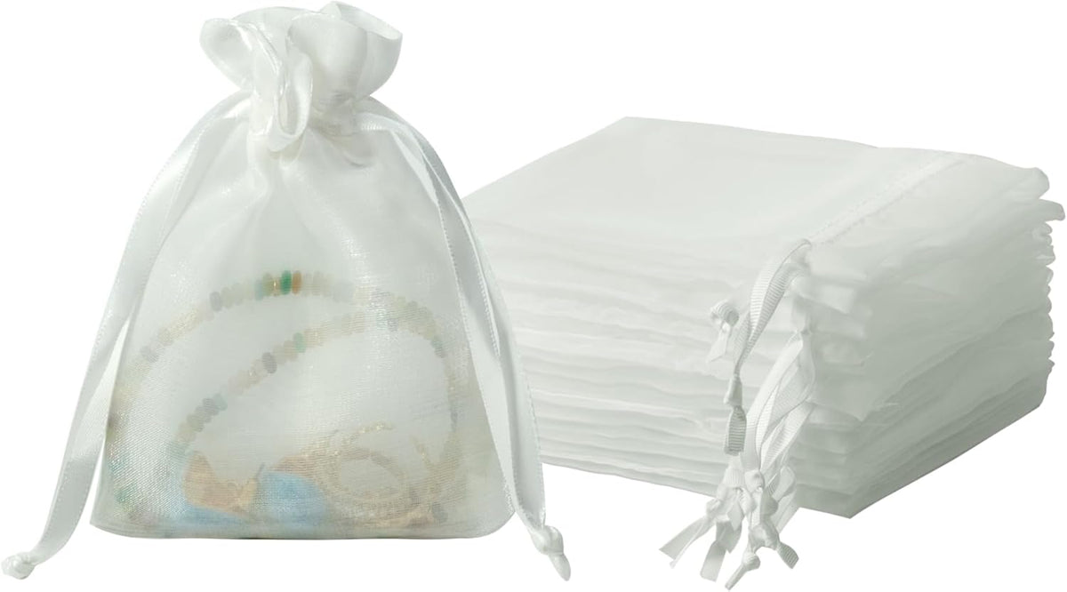 QIANF 20 Pcs White Small Organza Bags 4X6 inch for Wedding Favors with Drawstring, Mini Mesh Gift