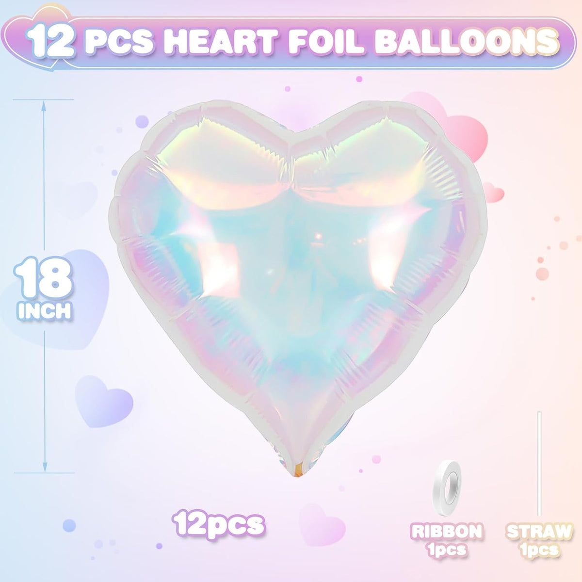 Iridescent Heart Balloons,12Pcs 18Inch Iridescent Heart Shaped Foil Helium Polyester Film Balloons