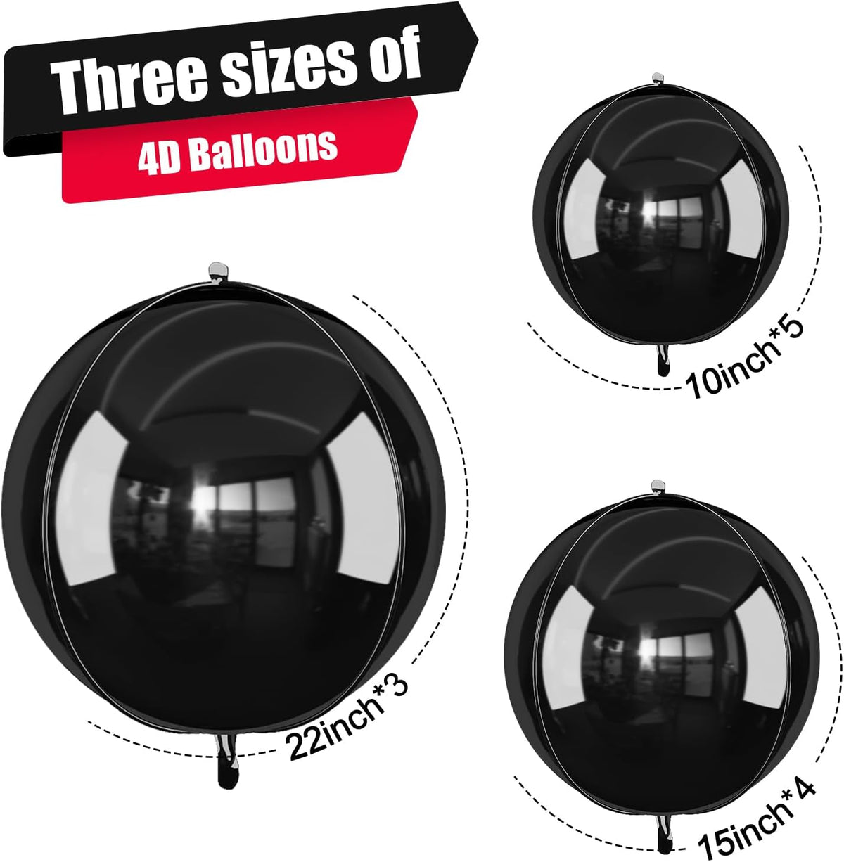 12Pcs Black Round Foil Balloons, 22" 15" 10" Metallic Black 4D Ball Balloons for Birthday