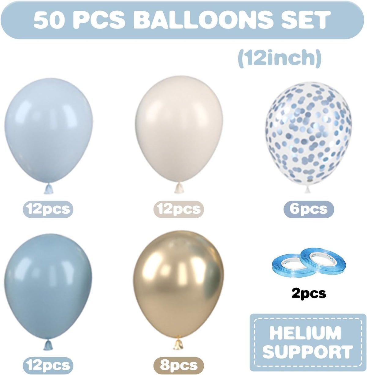 Dusty Blue and Gold Balloons, 12 Inch Blue Gold Balloons, Retro Fog Blue Metallic Golden White