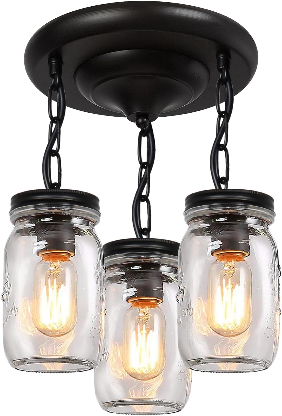 Glass Mason Jar Light Fixtures, 3-Lights Pendant Ceiling Lights Flush Mount - Black Country