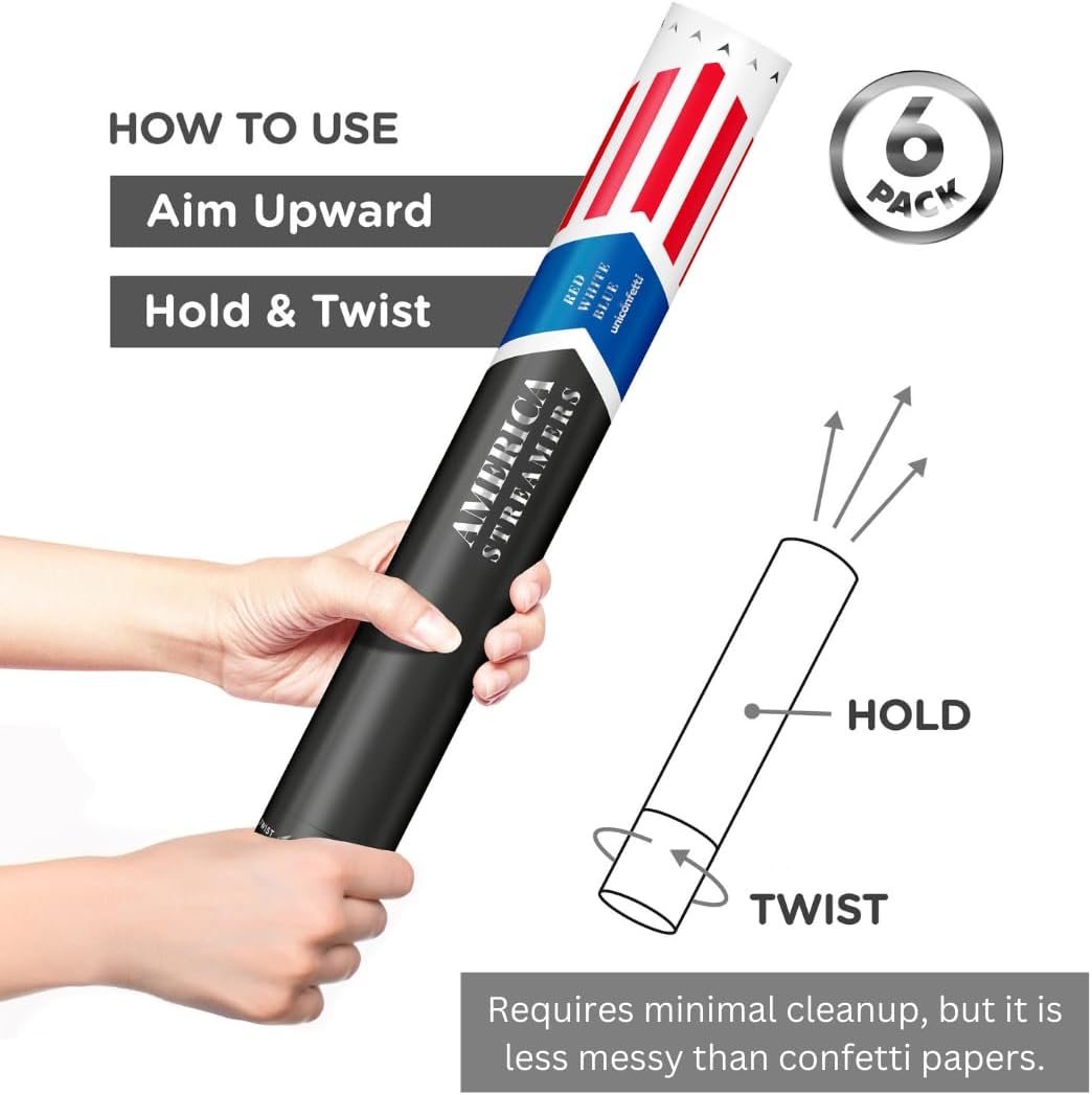 16" America Streamers Cannon [6 Pack] Red White & Blue Streamer Poppers No Mess, Biodegradable