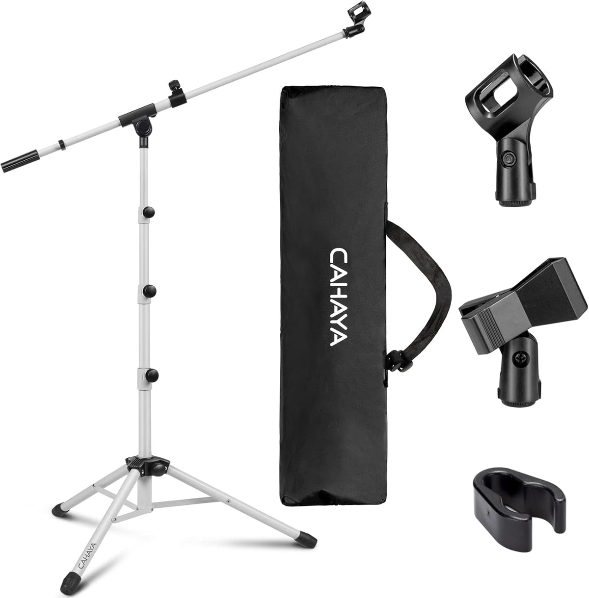 CAHAYA Microphone Stand Tripod Boom Arm Floor Mic Stand with Carrying Bag and 2 Mic Clips for